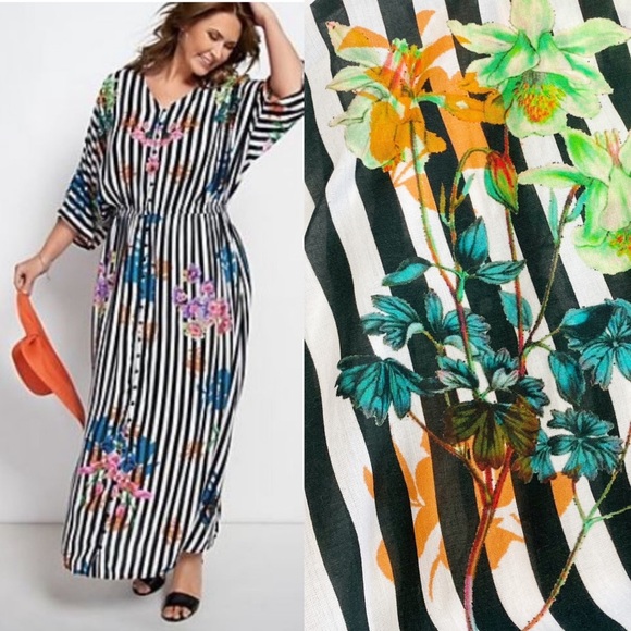 Tolani Collection Thalia Button Front Maxi Dress Swim Cover: Floral Stripe Boho - Picture 1 of 15